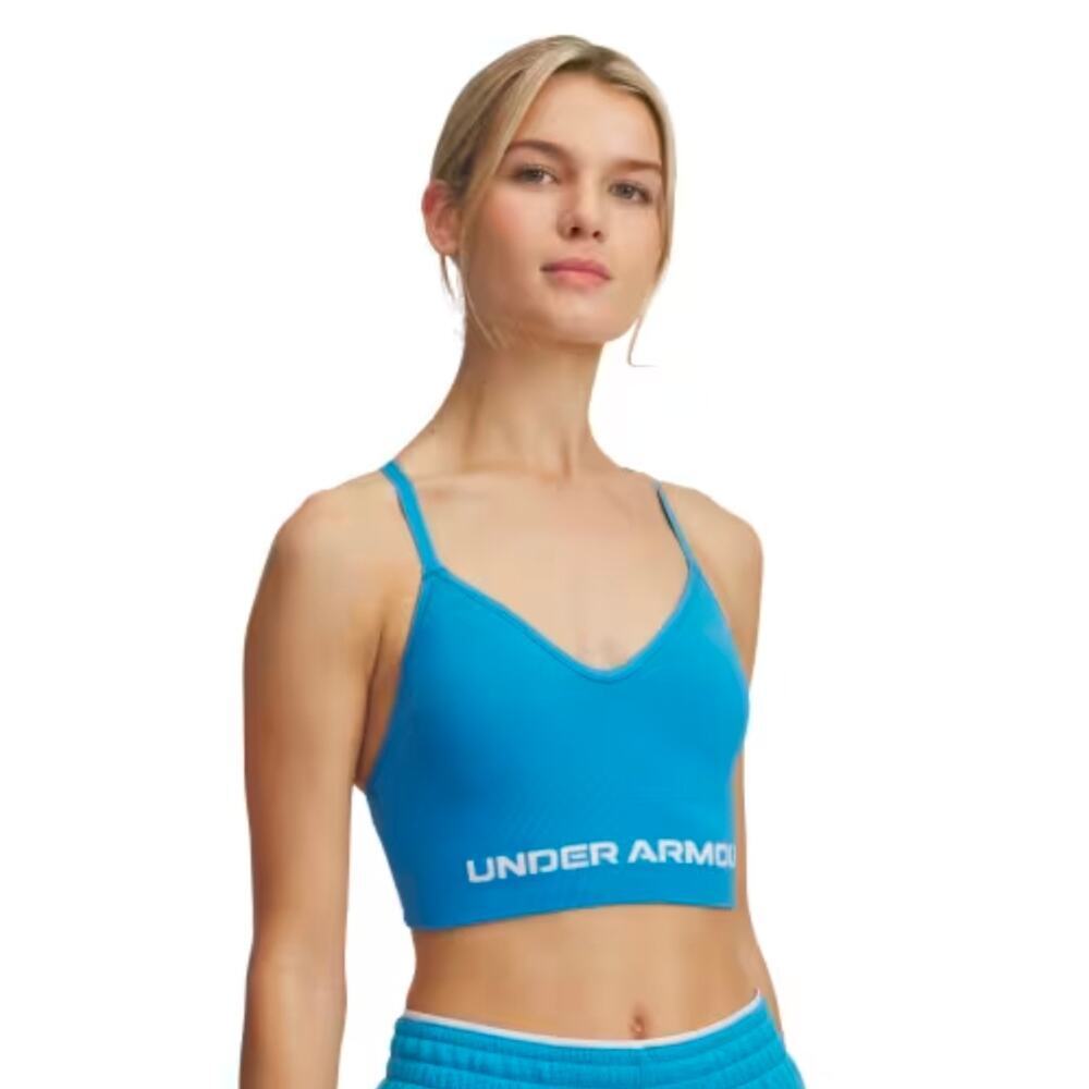 NWT Under Armour Vanish Seamless Low Sports Bra in harbour blue color.